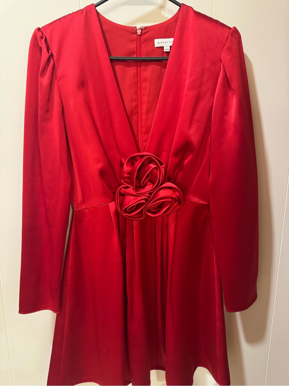 Gianni Bini Red Satin V-Neck Dress with Rosette Detail